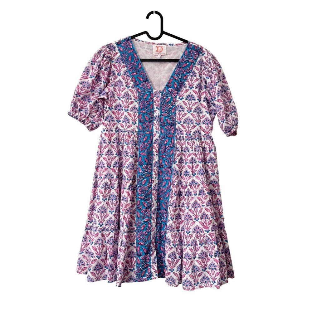 Victoria Dunn Pink Blue Floral Button Dress Short Sleeve Womens Size Small